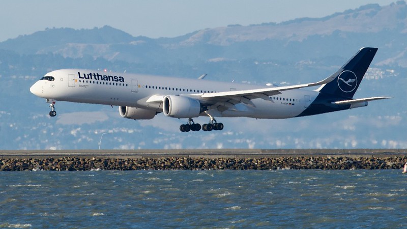 Lufthansa Airbus A350 XWB D-AIXP arrives SFO L1060413, by wbaiv (Bill Abbott)